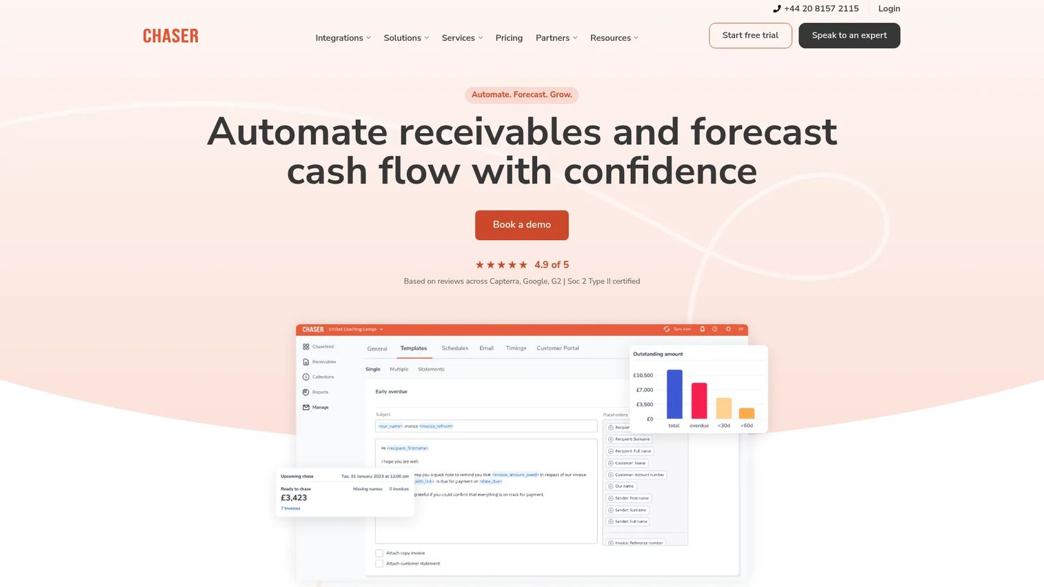 Chaser dashboard showing automated payment reminders and overdue invoice tracking