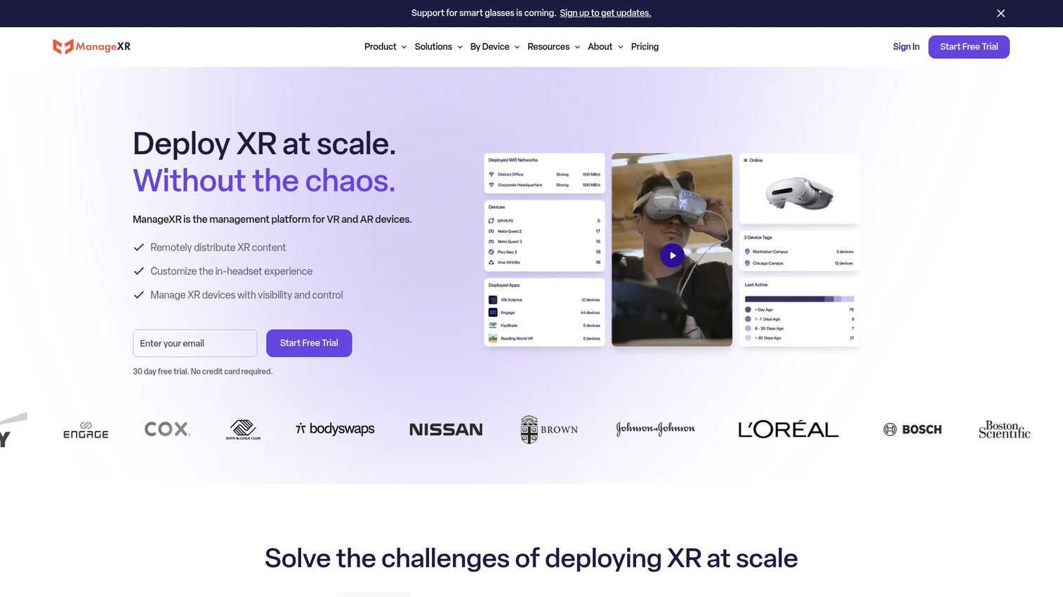 ManageXR dashboard for VR device and content management.