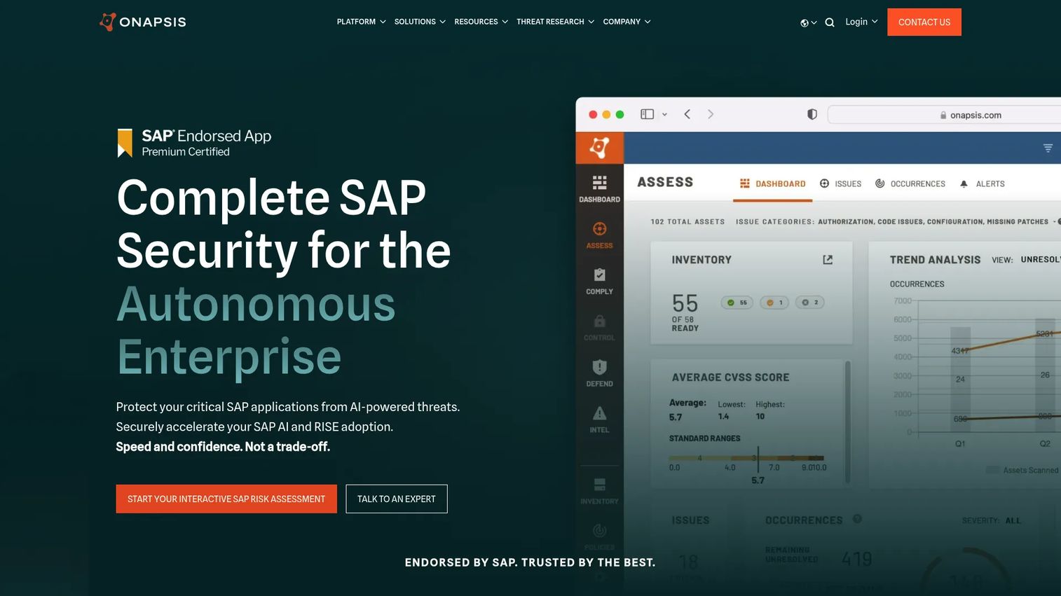 The Onapsis Platform interface for SAP vulnerability management and threat monitoring