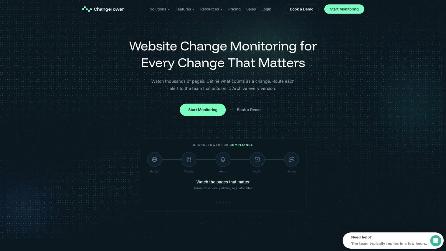 ChangeTower website monitoring dashboard with alerts and historical archives