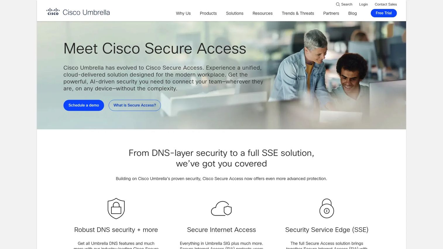 Cisco Umbrella DNS Security dashboard showing blocked threats and network activity.