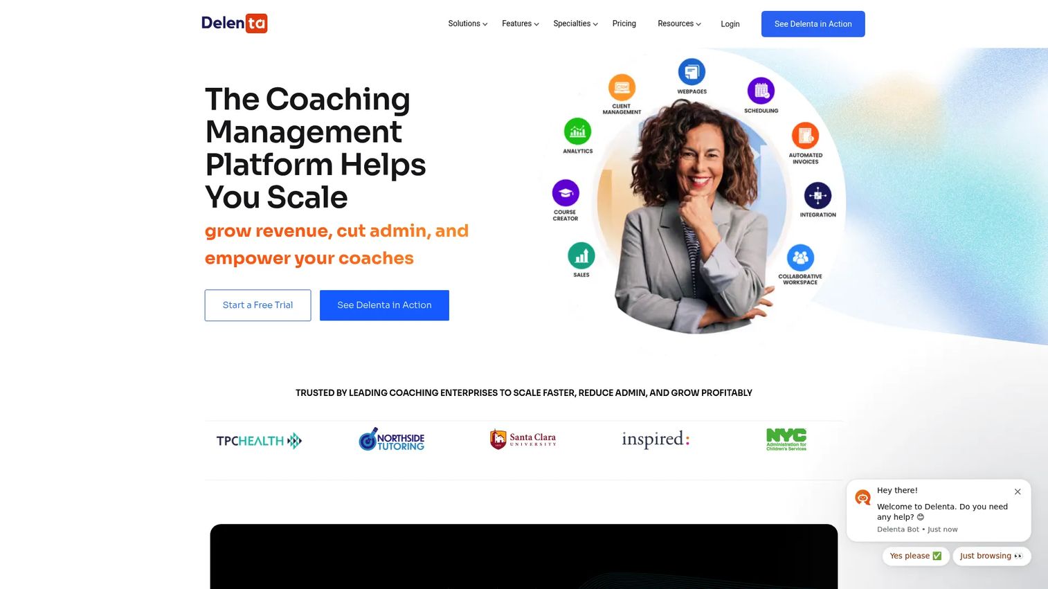 Delenta coaching management software showing client record and session management interface