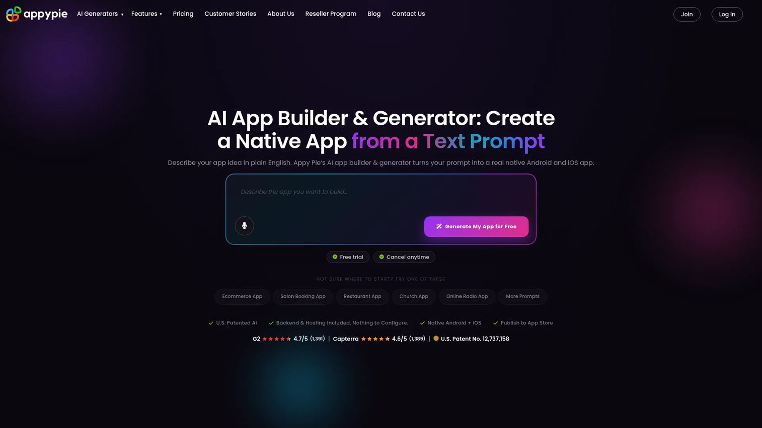 Appy Pie app builder interface showing template selection and app customization options