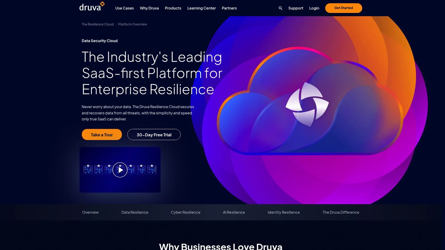 Druva Data Security Cloud product page showing SaaS backup, cyber recovery, and data protection features