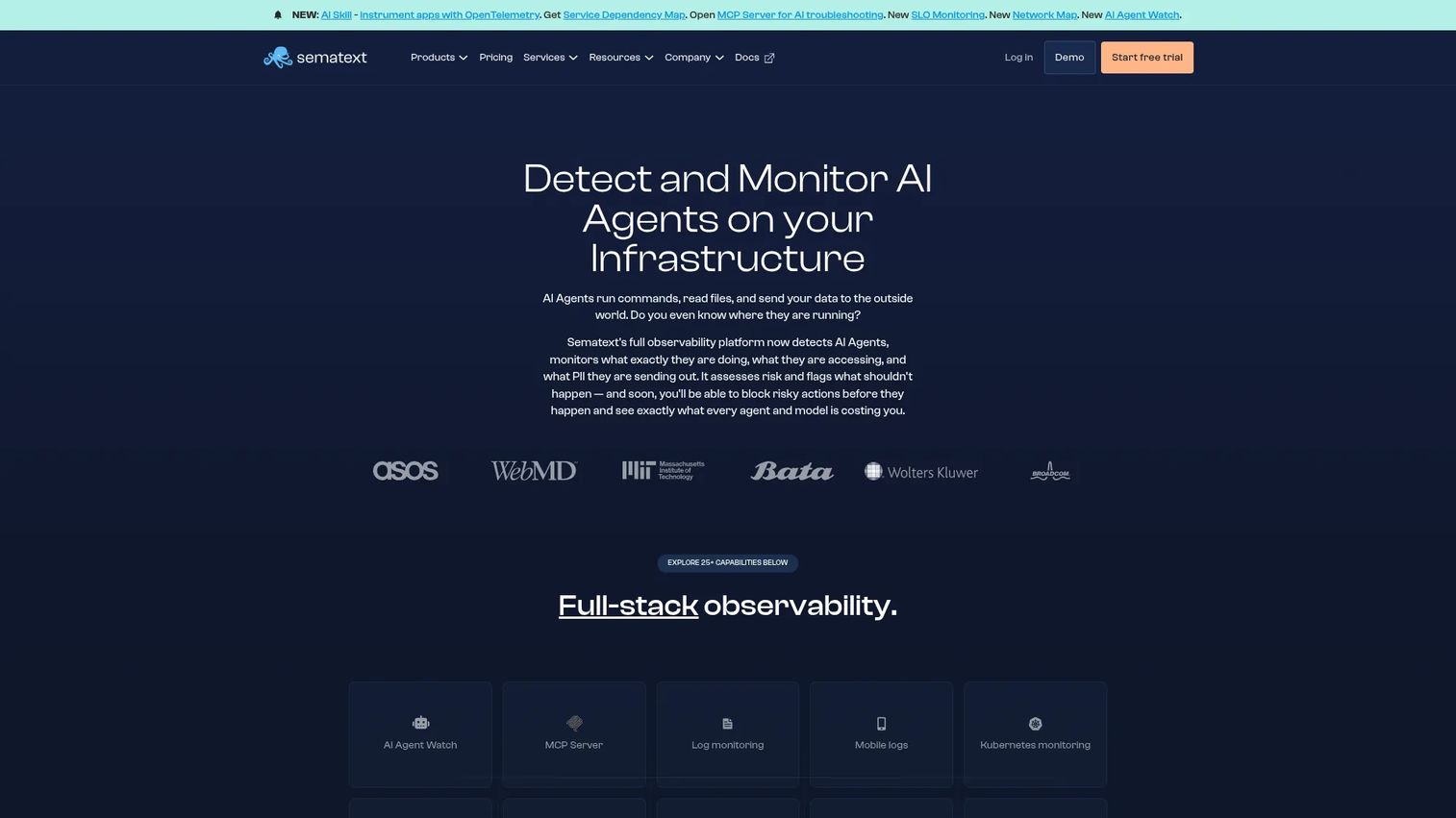 Sematext dashboard for website uptime and observability monitoring