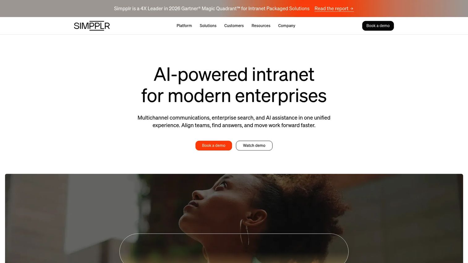 Simpplr employee intranet homepage with personalized communications and search