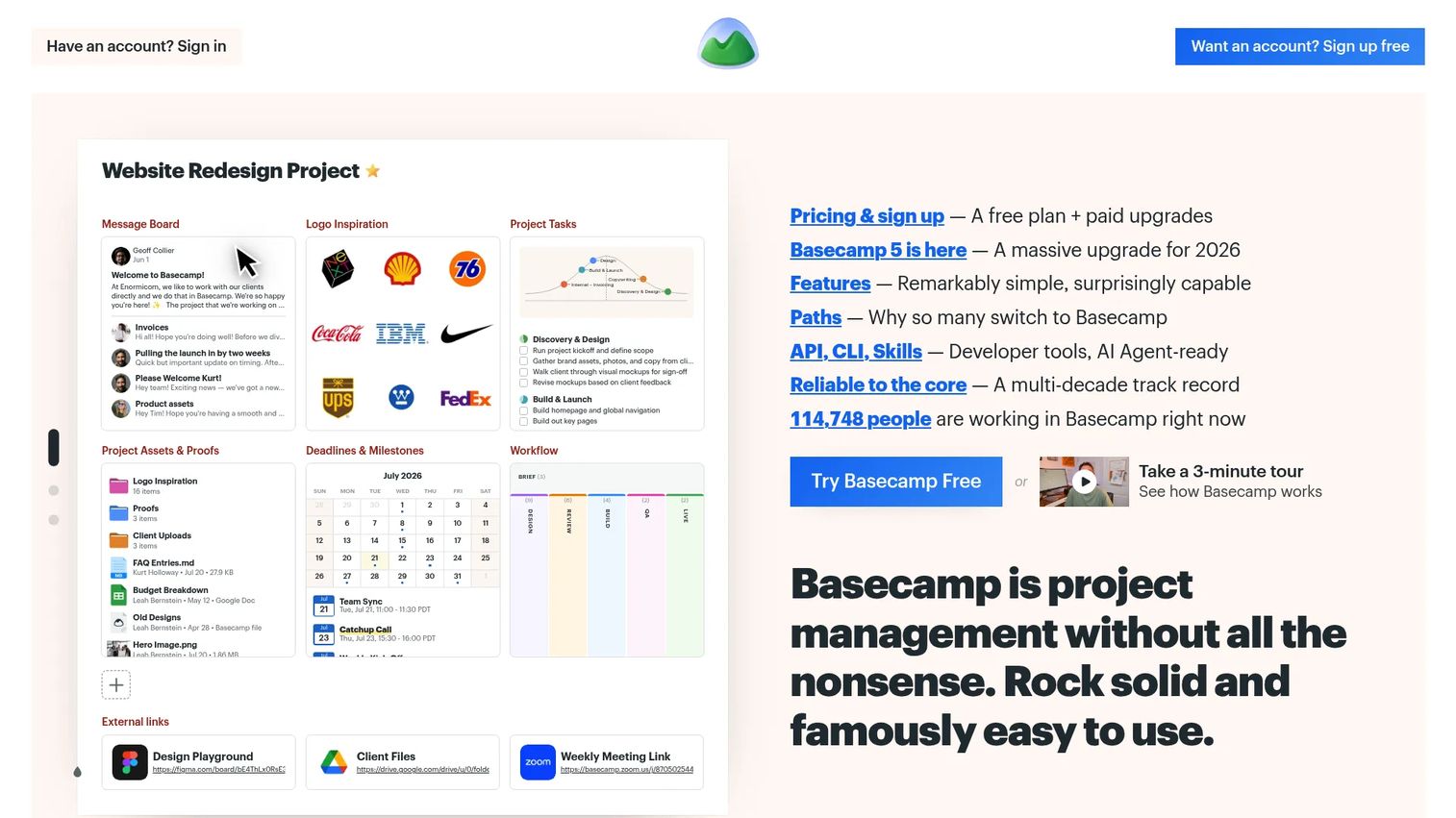 Basecamp project schedule, hill chart, and team coordination view
