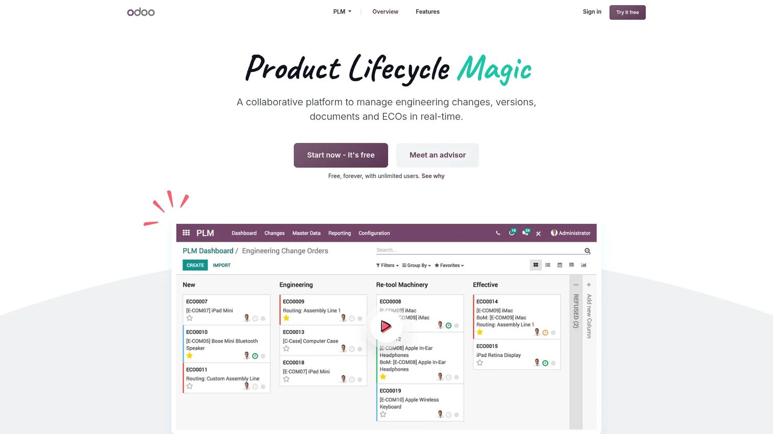 Odoo PLM engineering change order workflow