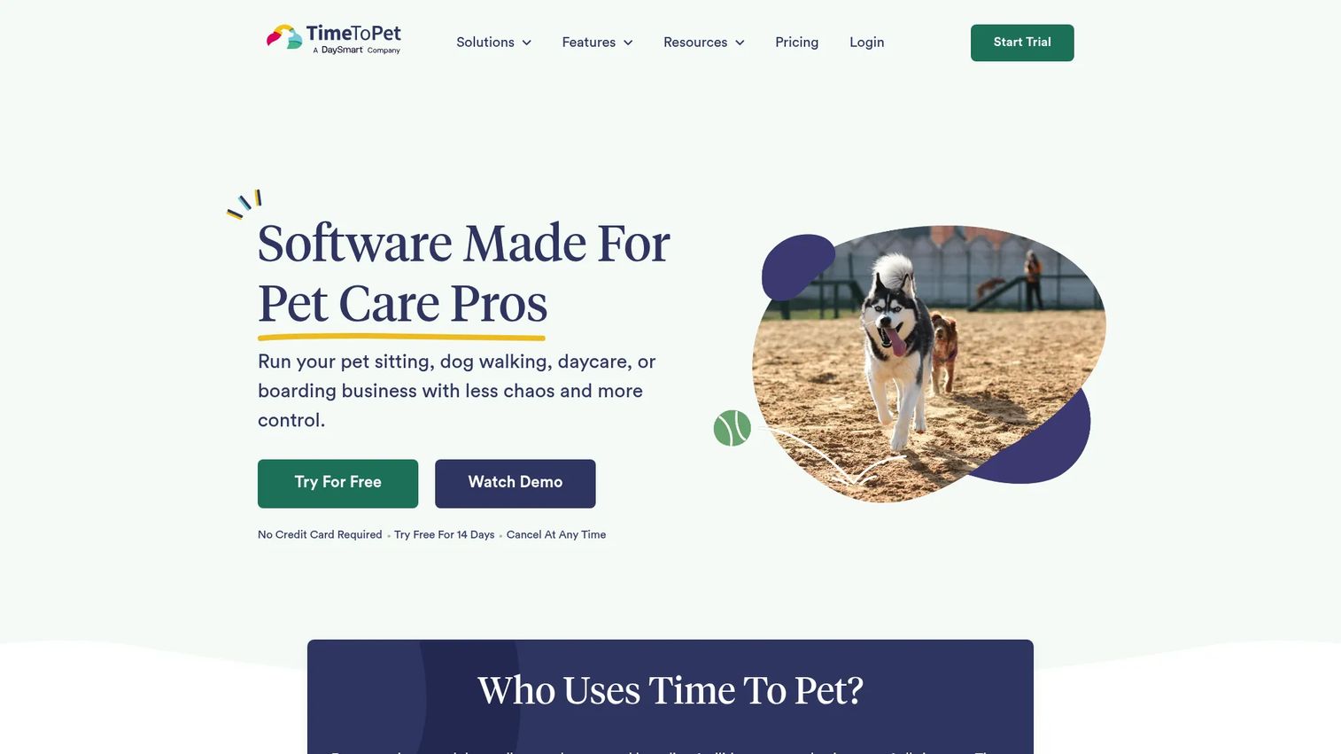 Time To Pet scheduling software showing client, pet, and staff service management