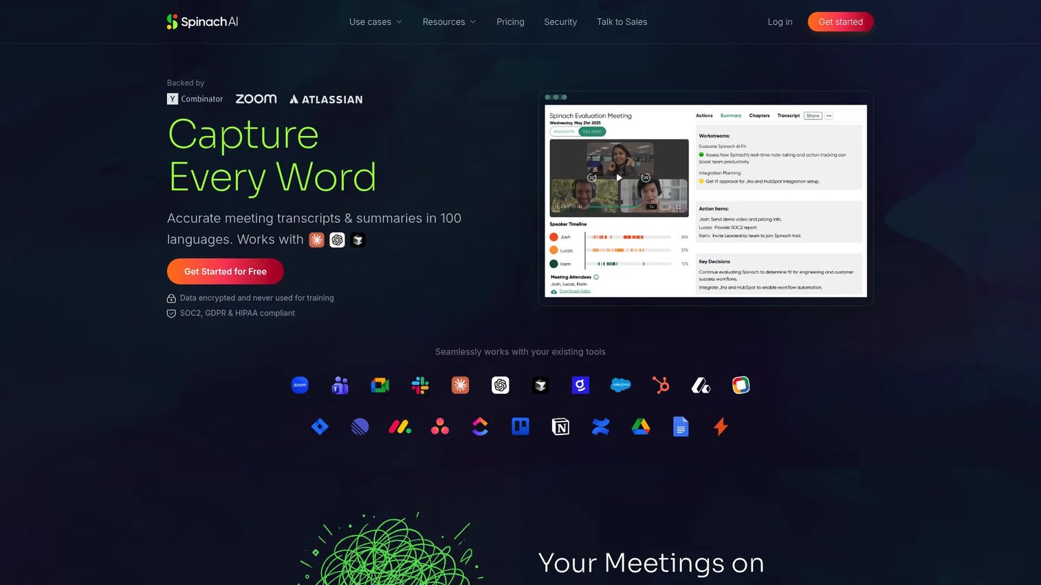 Spinach homepage screenshot showing AI meeting assistant and action item capture