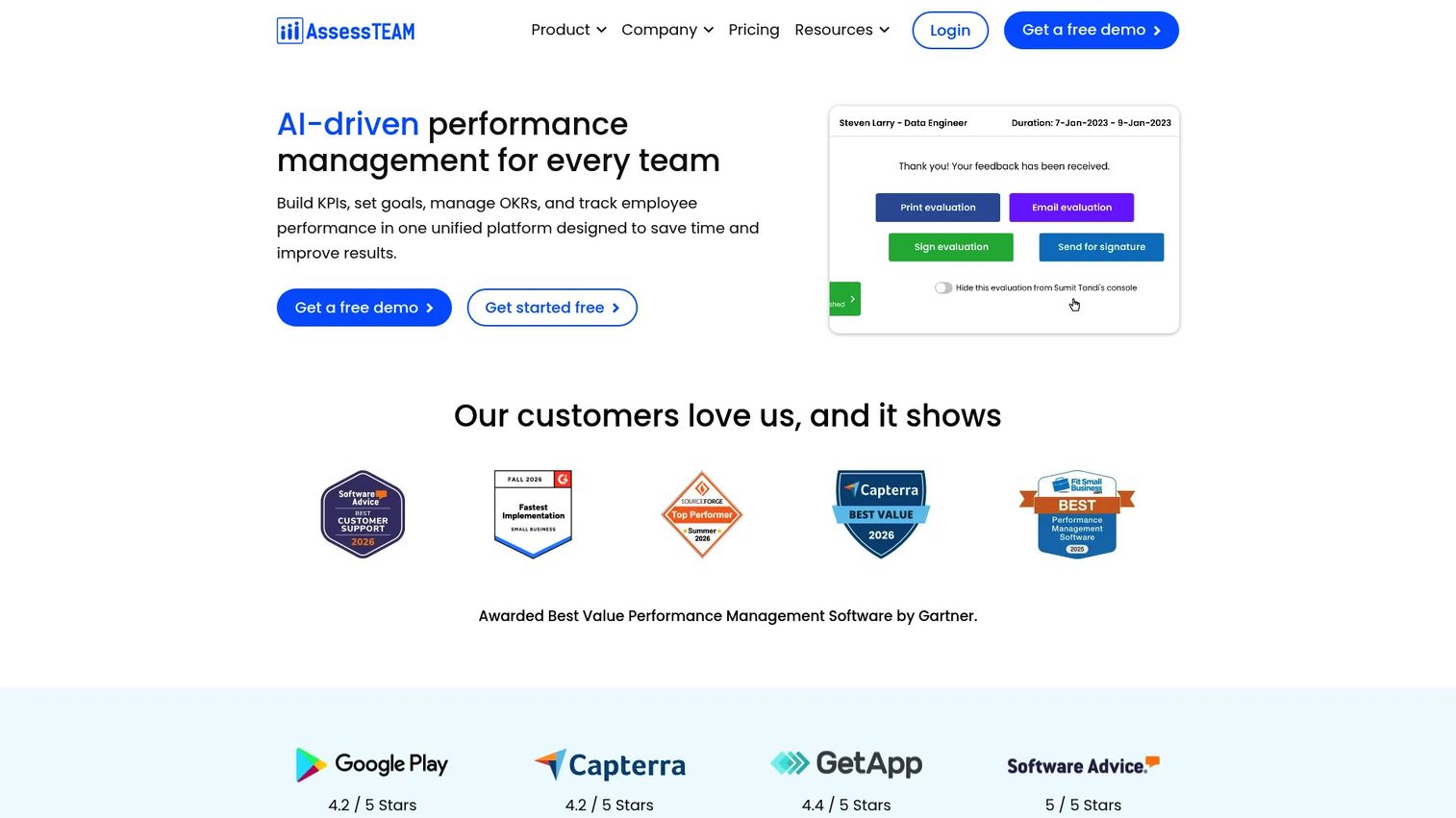 AssessTeam performance management platform showing employee evaluations, KPI tracking, and project profitability dashboards