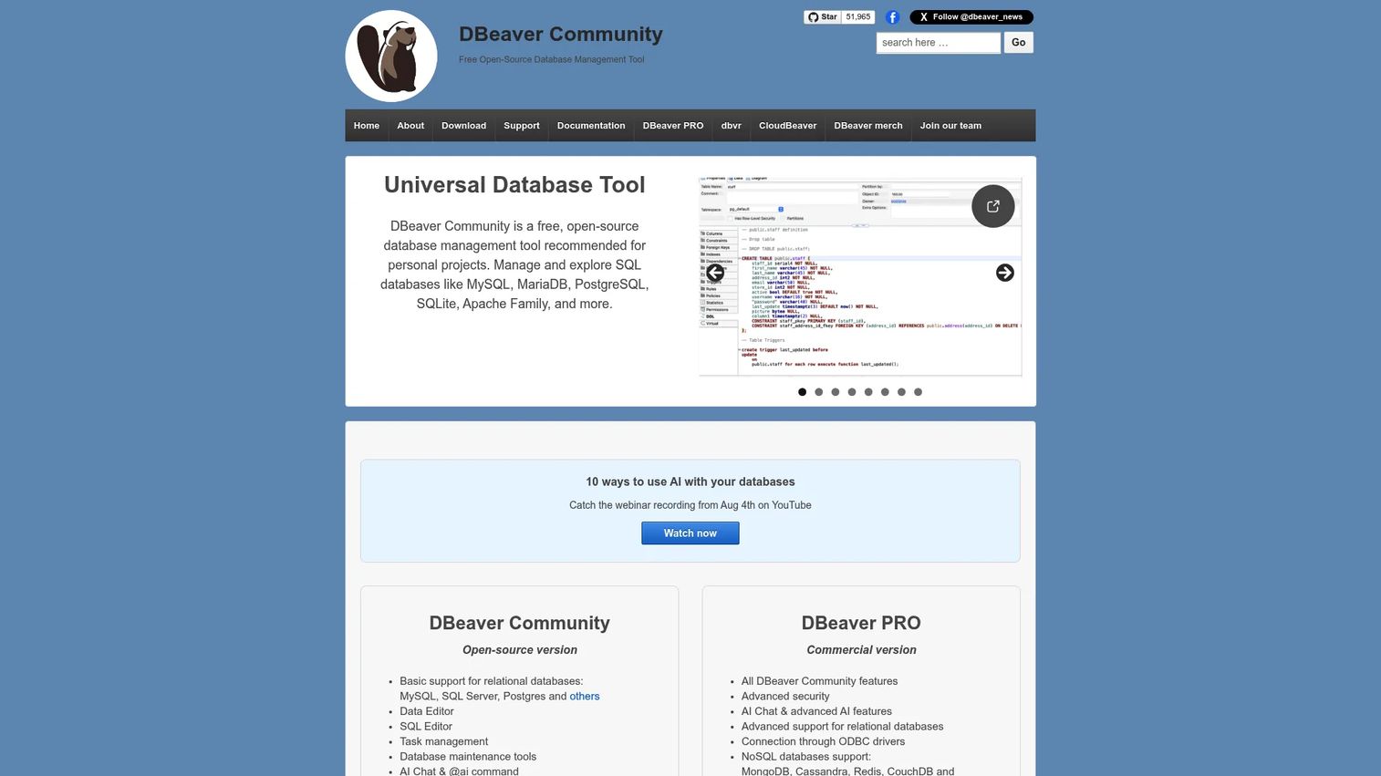 DBeaver desktop database client with SQL editor and database navigator