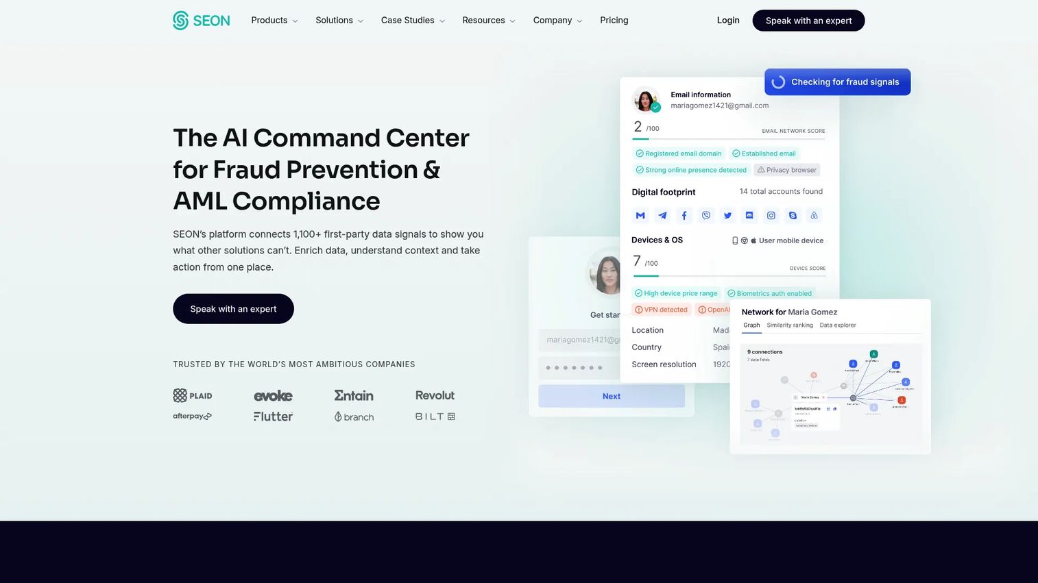 SEON fraud detection software interface