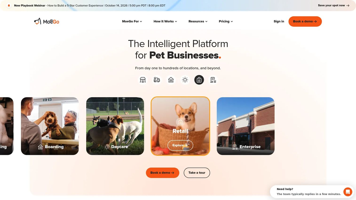 MoeGo pet business software showing grooming appointments, client records, and payments