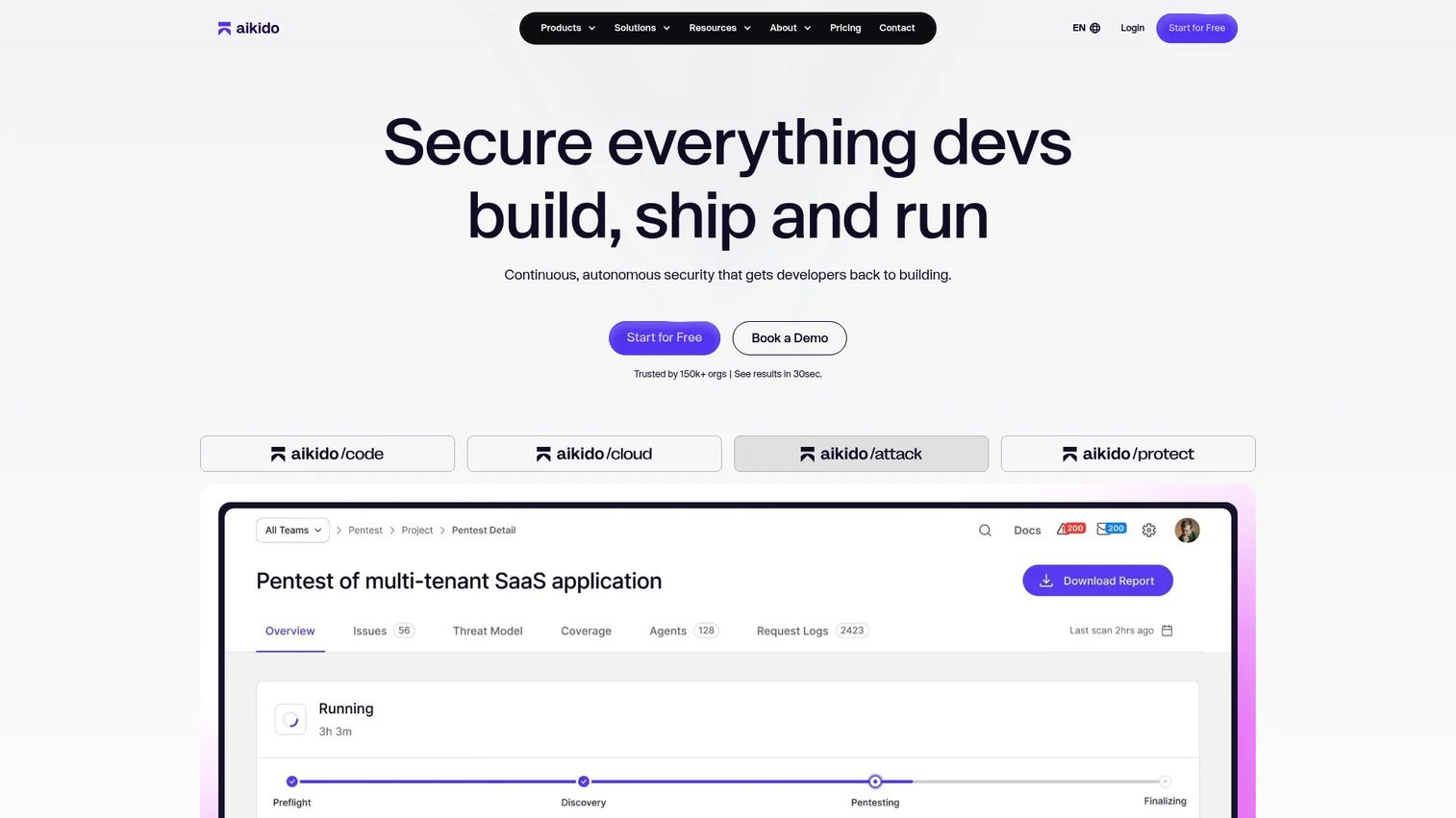 Aikido Security platform showing developer-focused application security findings