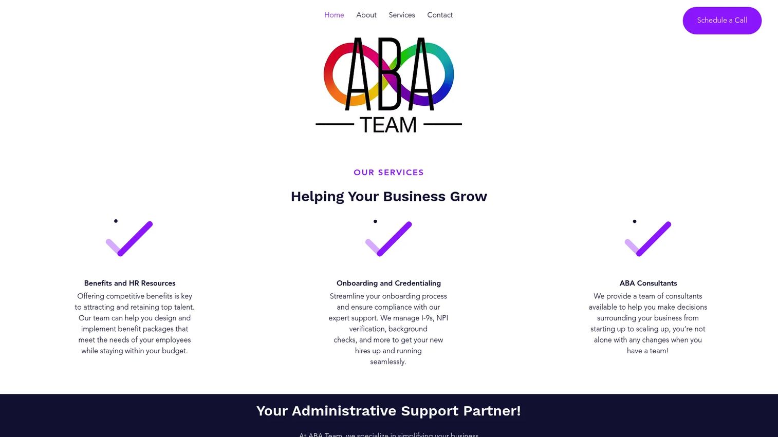 ABA Team homepage screenshot