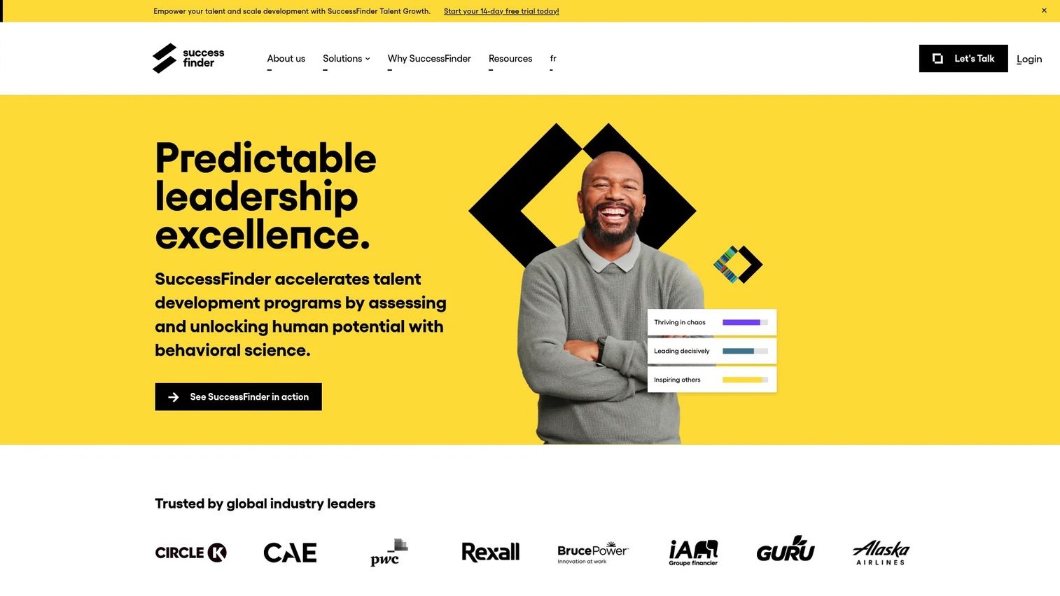SuccessFinder behavioral assessment platform showing talent intelligence, leadership development, and succession planning features