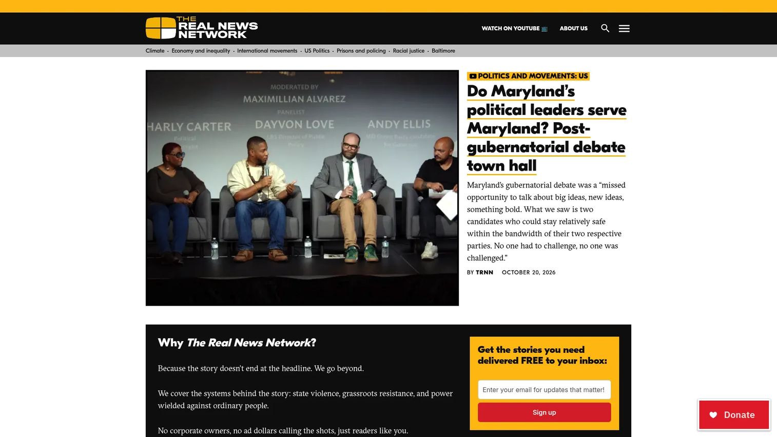 The Real News Network homepage showing independent video journalism and social justice reporting