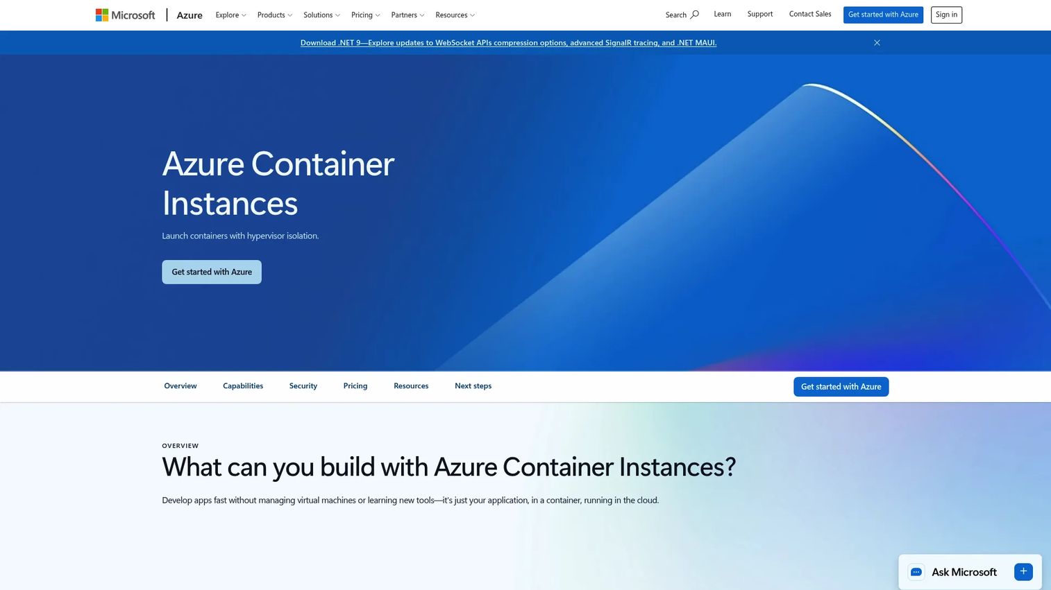 Azure Container Instances configuration for running a container group.