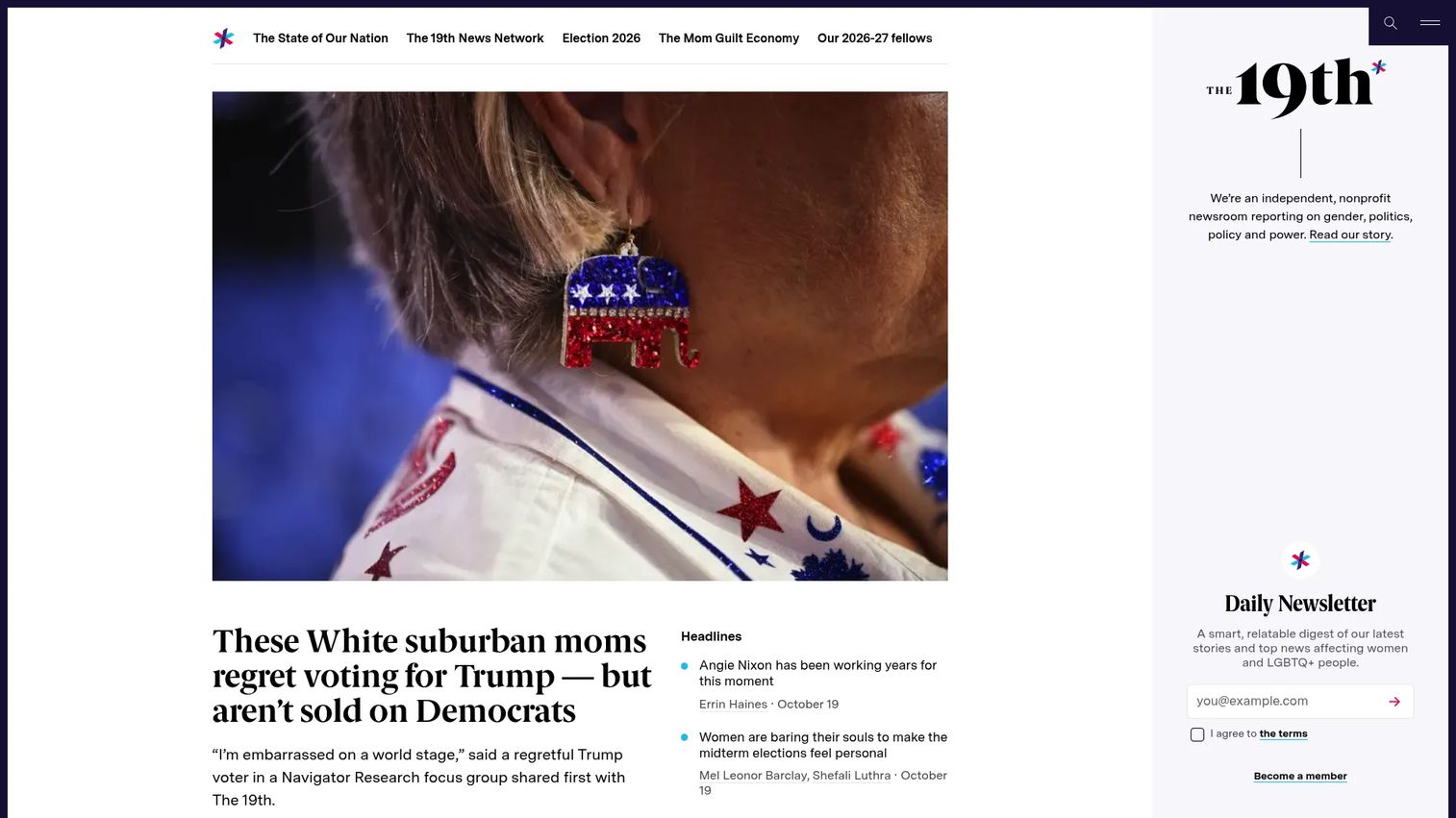 The 19th News homepage showing gender and politics journalism