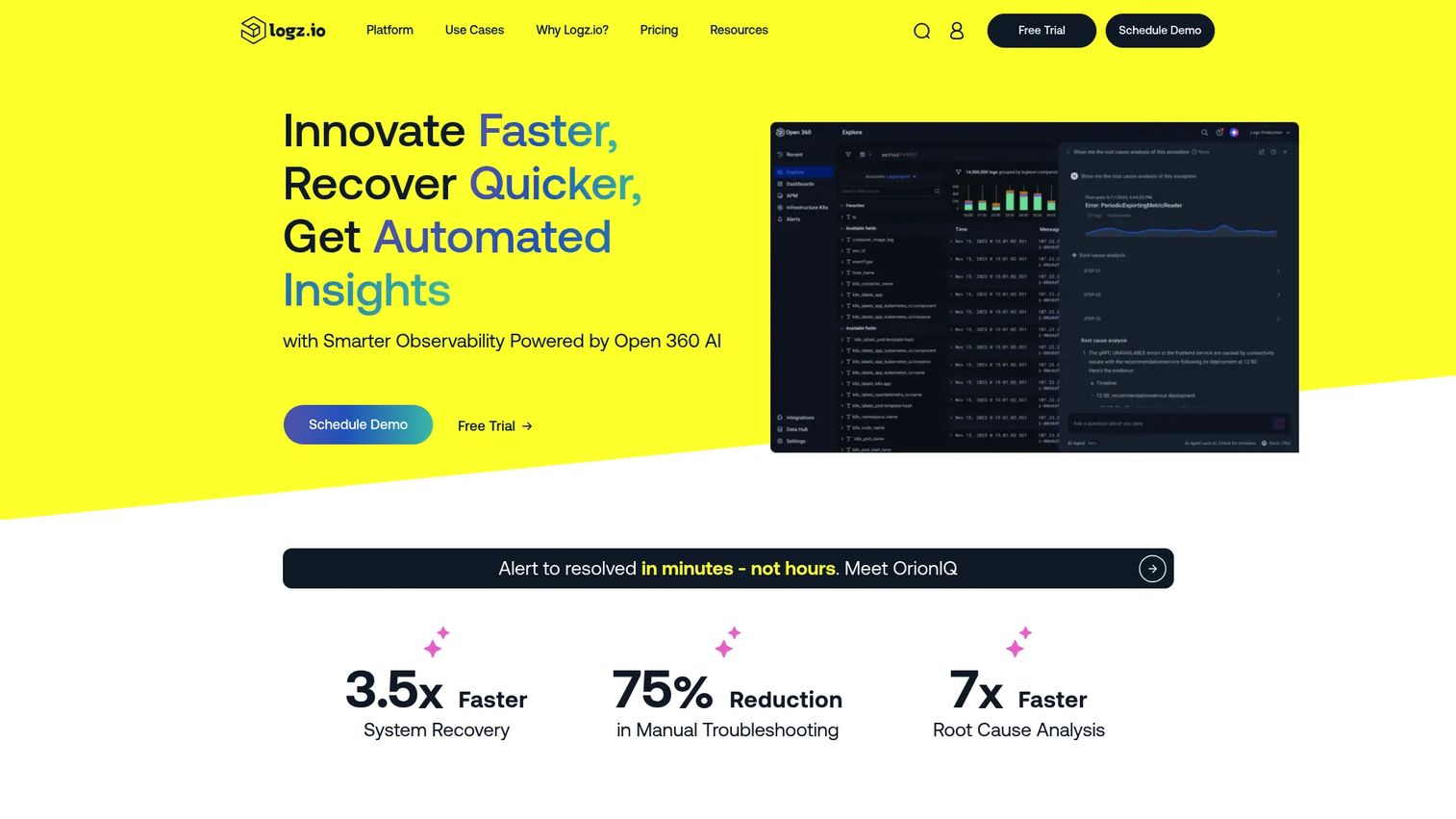 Logz.io observability platform showing log management and tracing