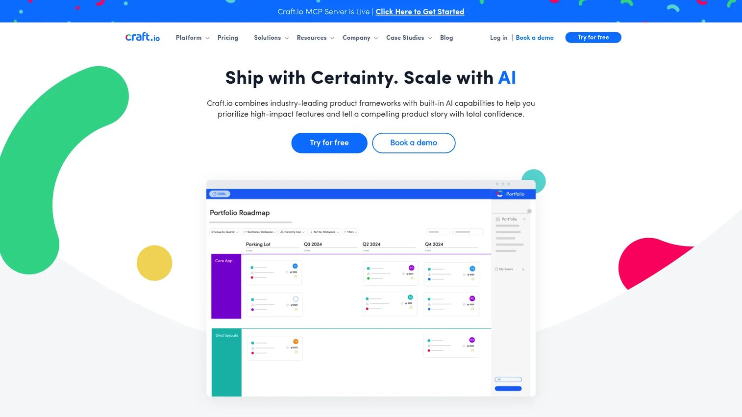 Craft.io homepage screenshot showing product management workspace with prioritization and roadmap views