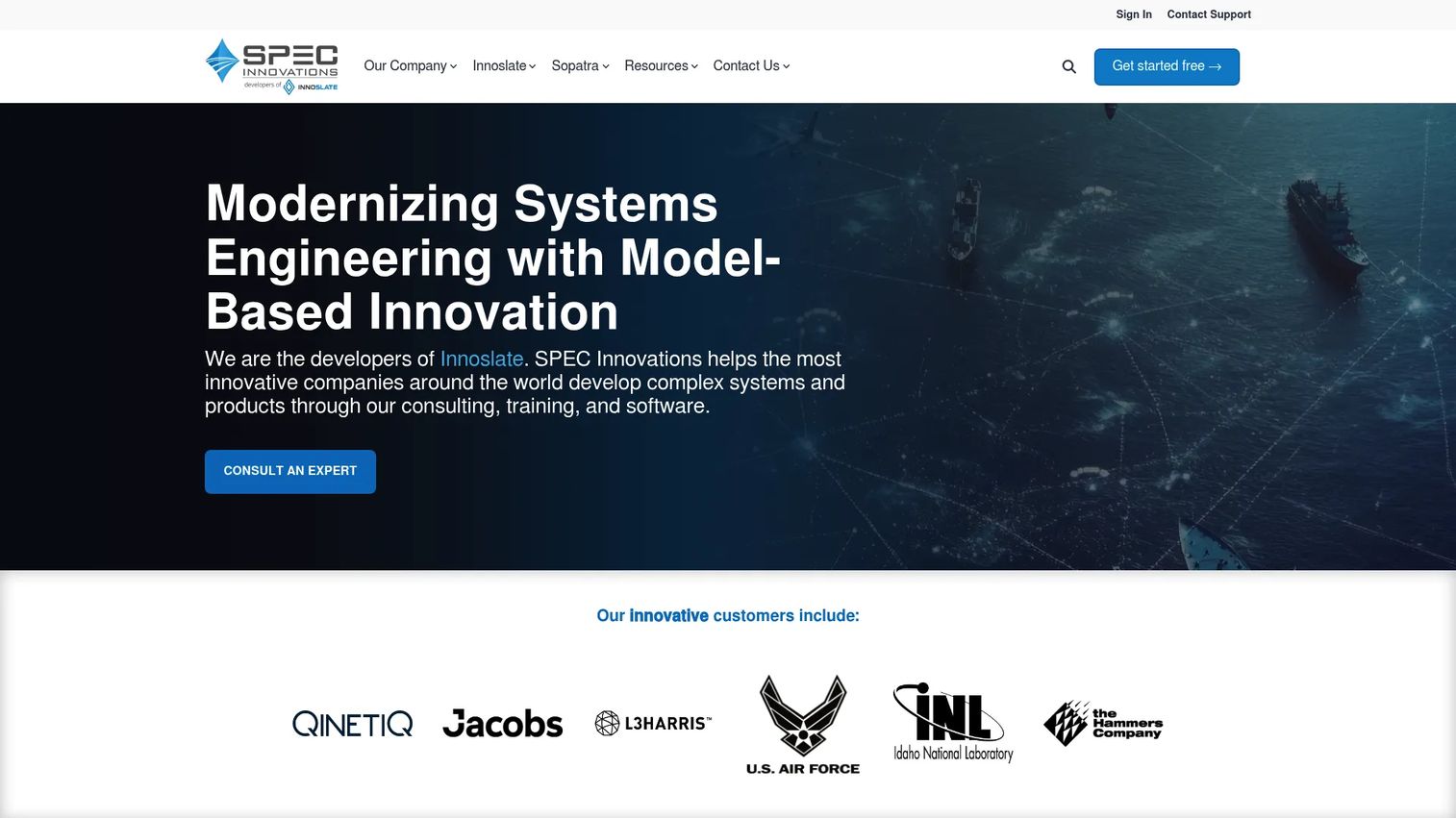 Innoslate homepage showing cloud-based systems engineering and requirements management platform