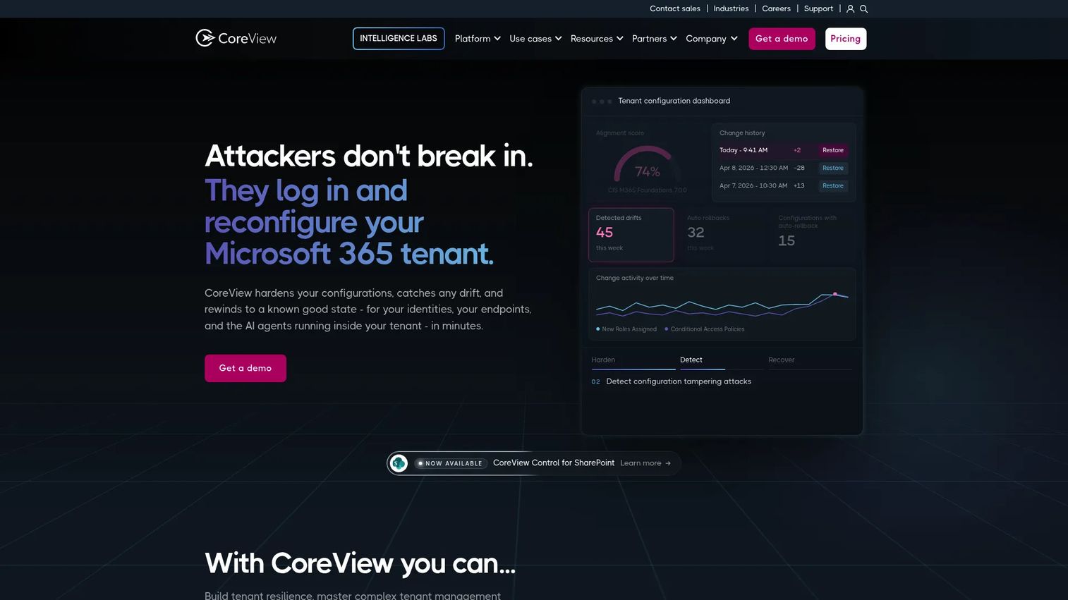 CoreView dashboard for Microsoft 365 governance and delegated administration