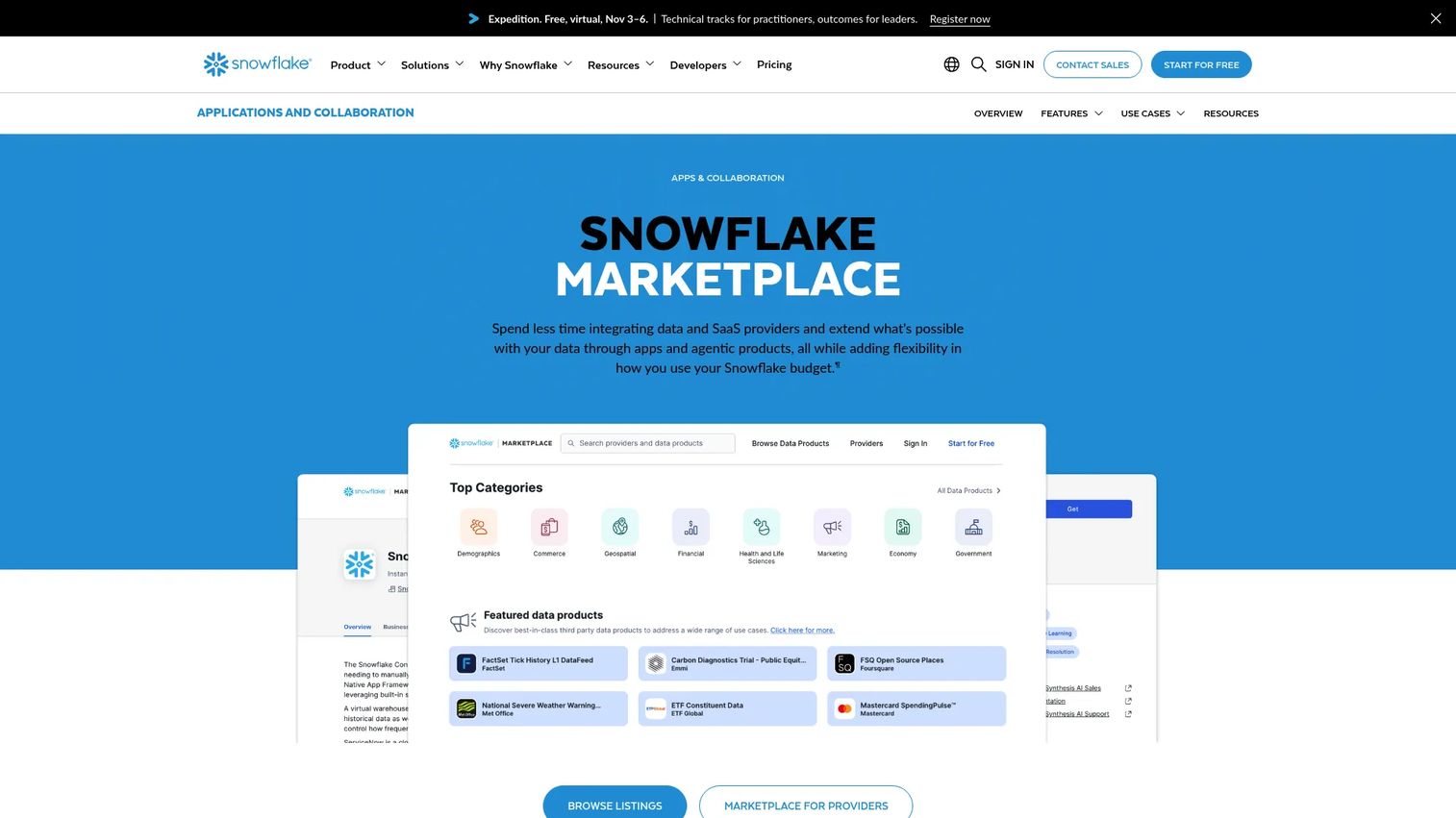 Snowflake Data Sharing and Marketplace for governed warehouse data sharing
