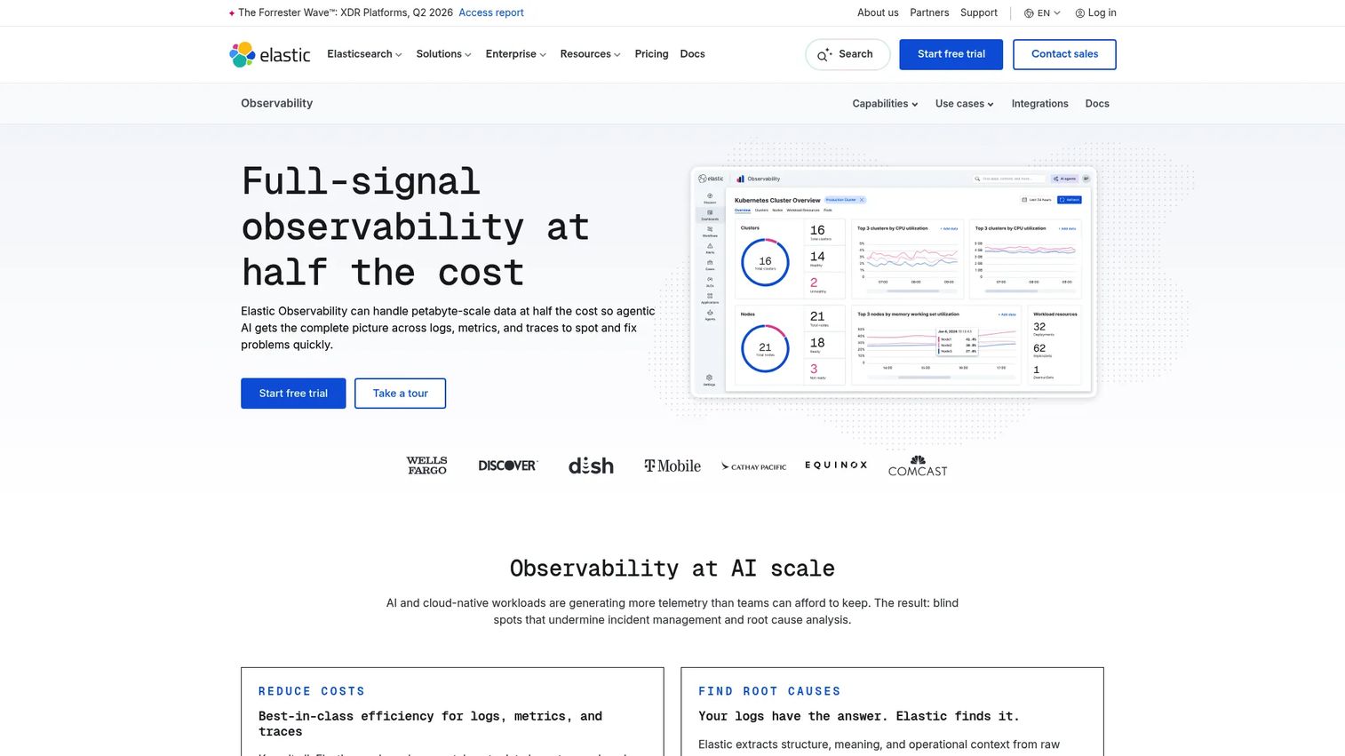 Elastic Observability dashboard showing logs and APM