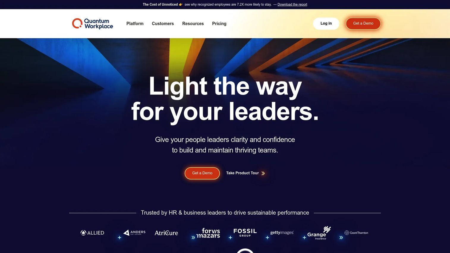 Quantum Workplace employee engagement and performance platform showing surveys, feedback, recognition, and goal tracking