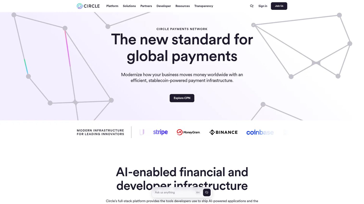 Circle USDC stablecoin infrastructure homepage