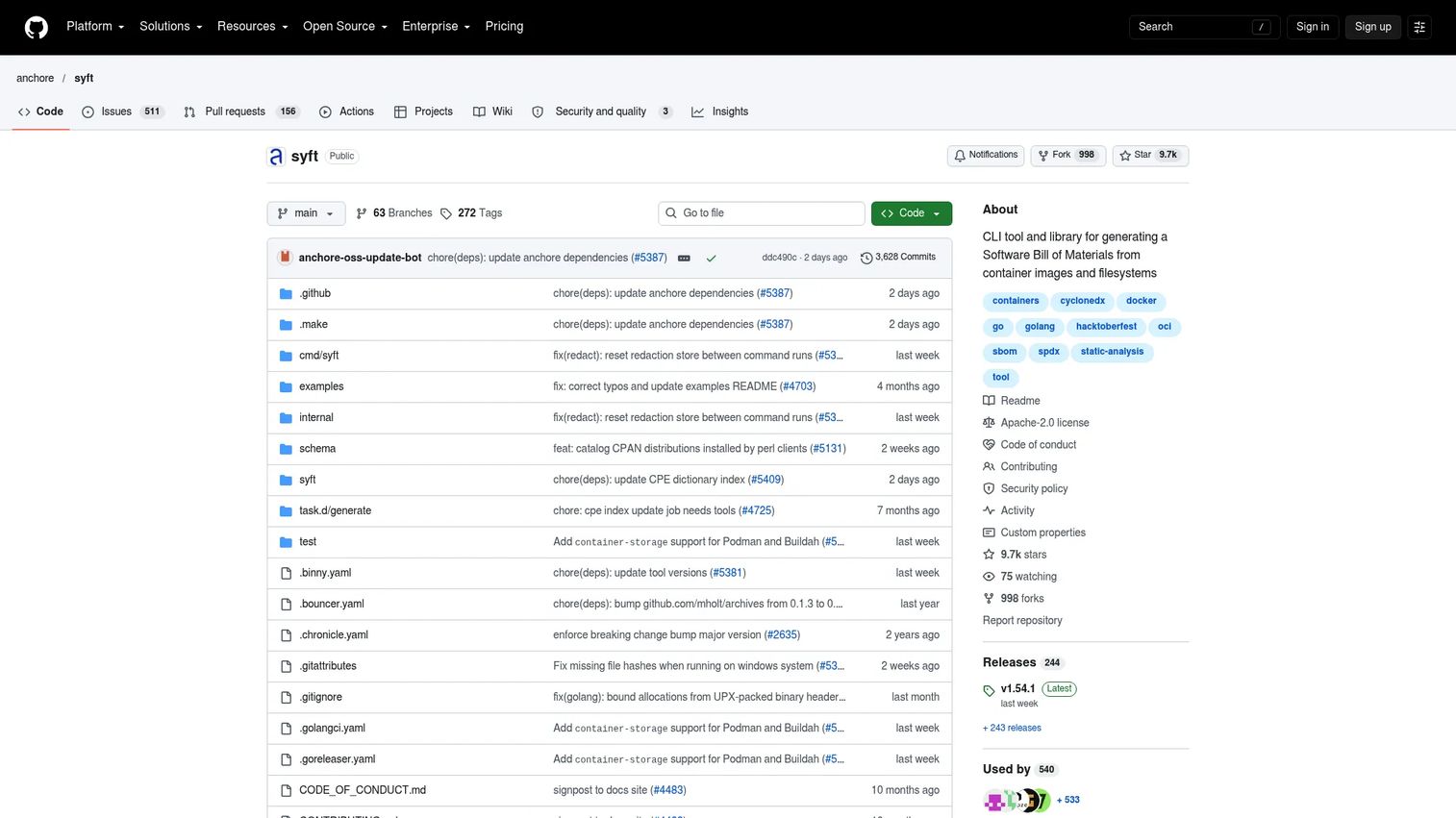 Syft SBOM generation tool GitHub page