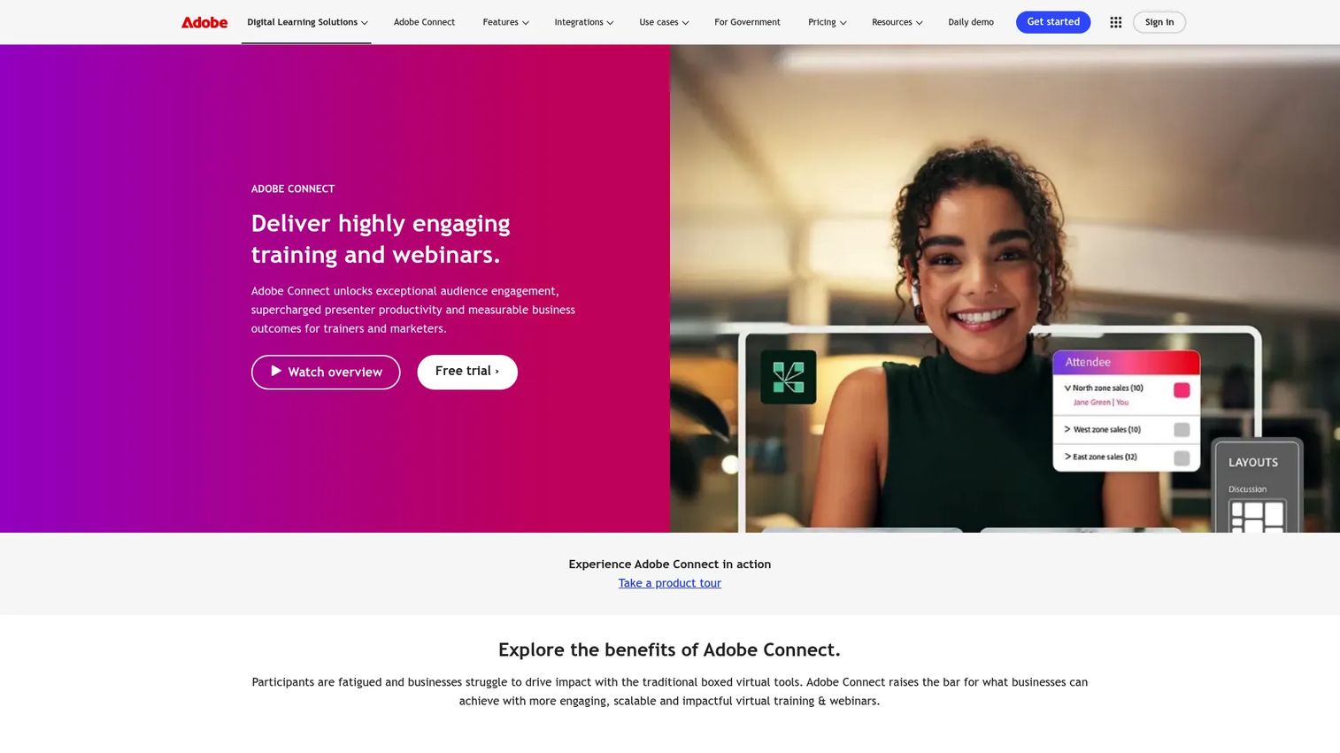 Adobe Connect webinar and virtual training platform homepage