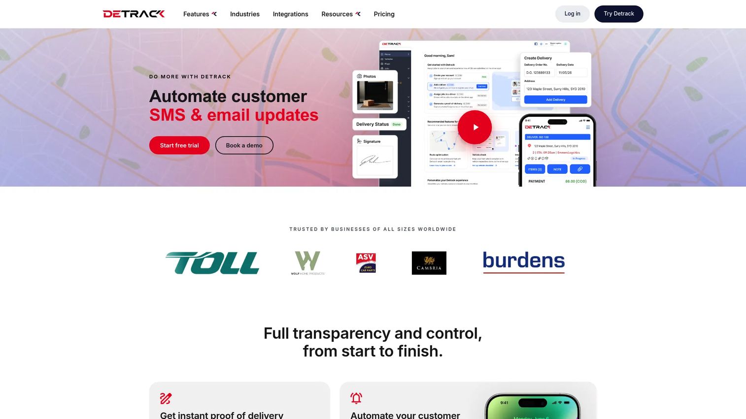 Detrack homepage screenshot