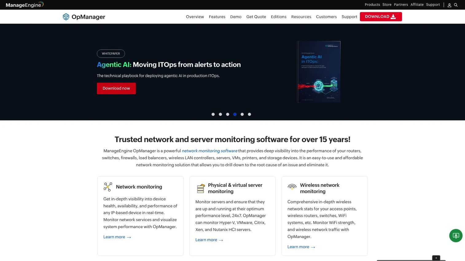 ManageEngine OpManager network alert dashboard