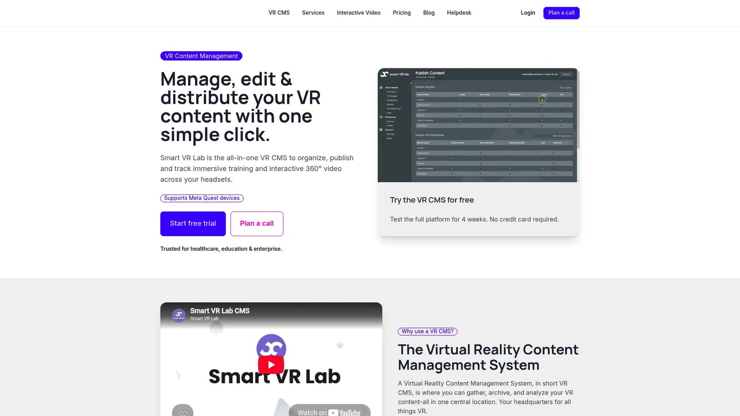 Smart VR Lab VR content management system interface.