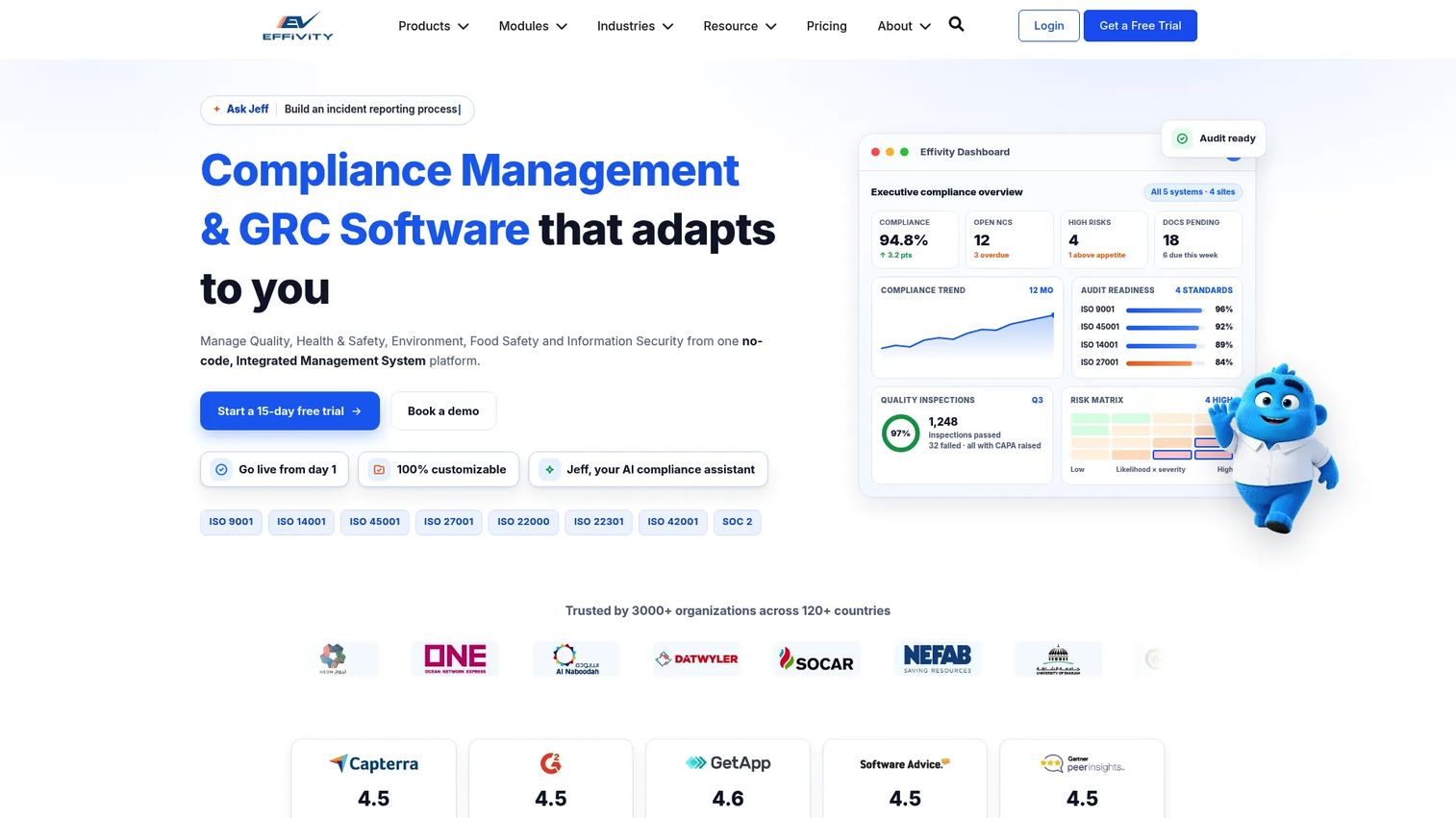 Effivity homepage screenshot showing compliance and QHSE management platform