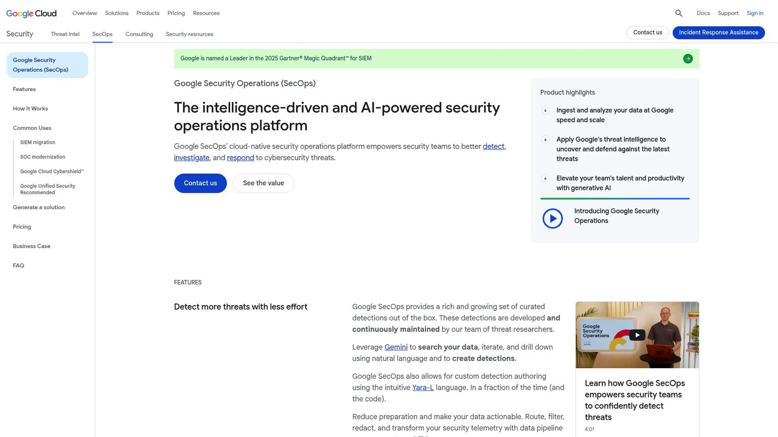 Google Security Operations unified SIEM and SOAR platform showing threat investigation interface