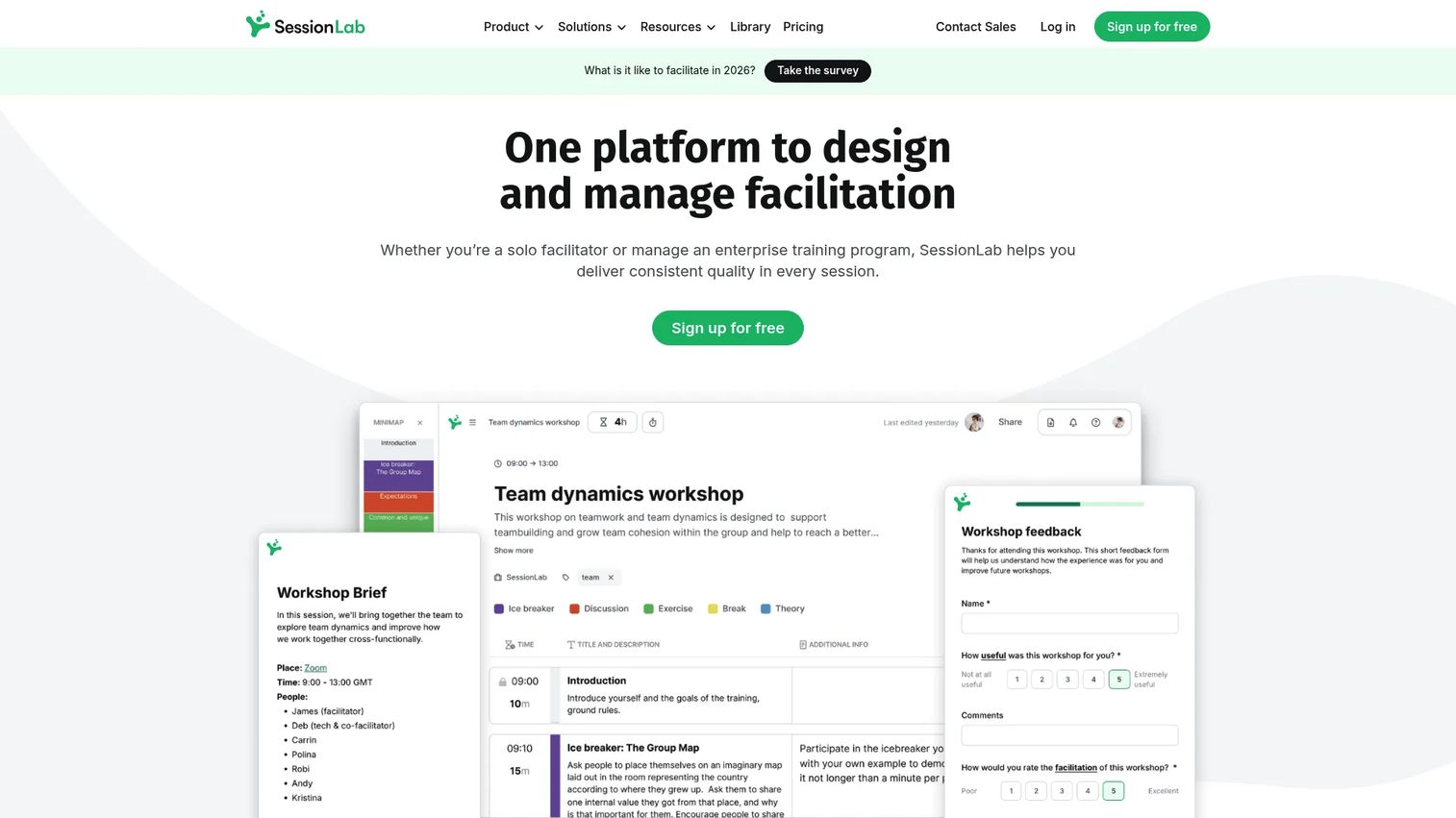 SessionLab homepage screenshot showing drag-and-drop workshop agenda builder