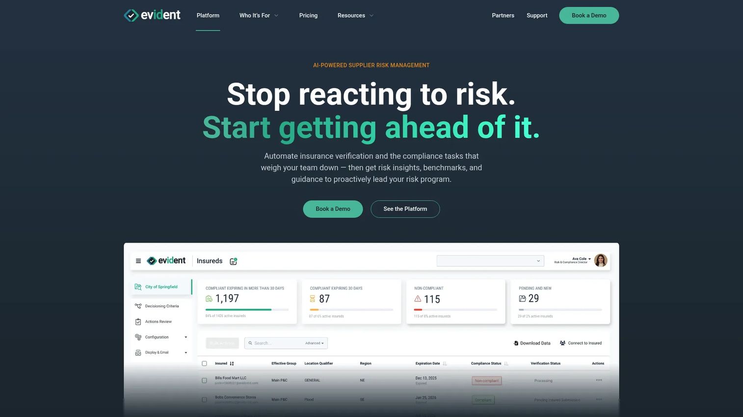 Evident insurance verification and compliance tracking dashboard