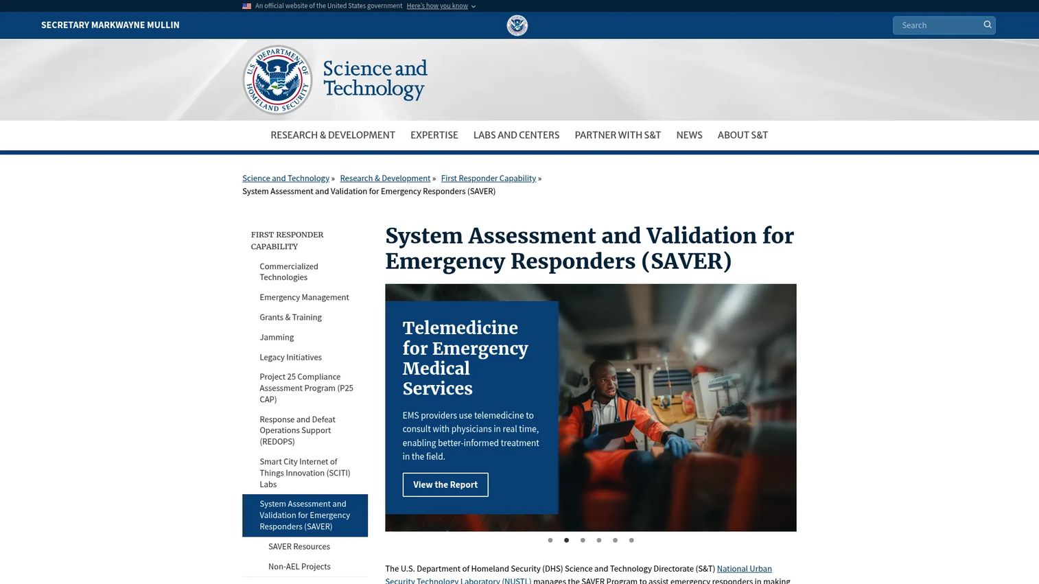 DHS SAVER homepage screenshot showing government emergency responder technology assessment program