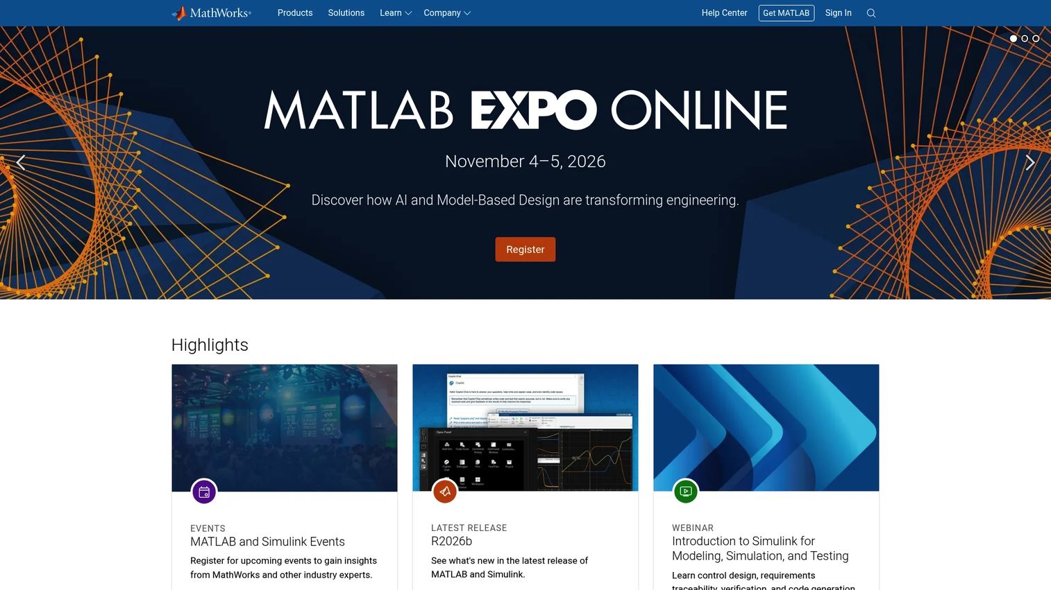 MATLAB and Simulink homepage showing engineering and scientific computing environment