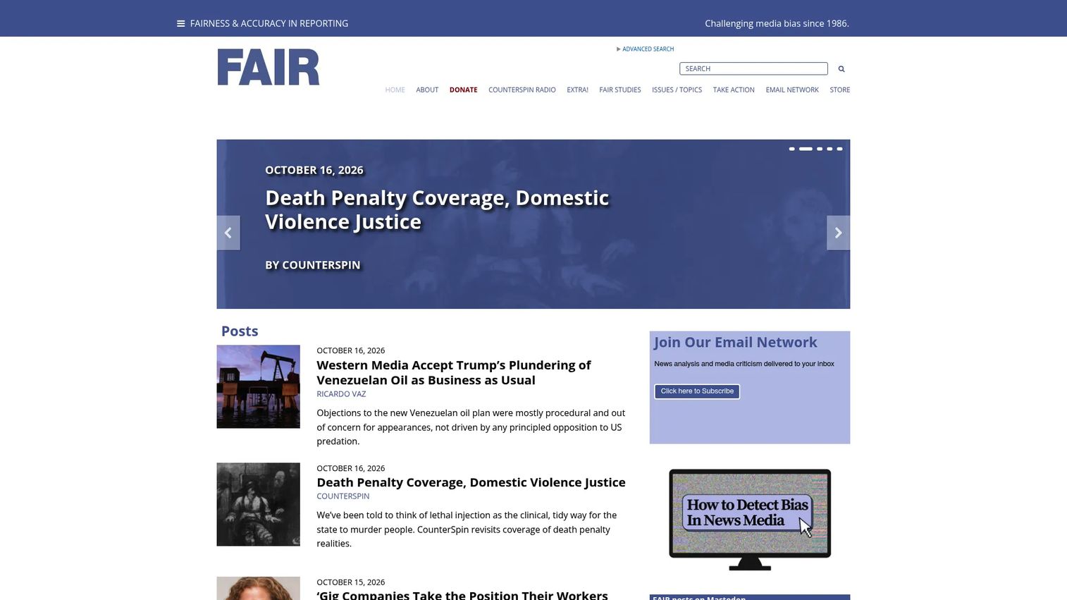 Fairness and Accuracy in Reporting homepage showing media watchdog criticism and bias analysis