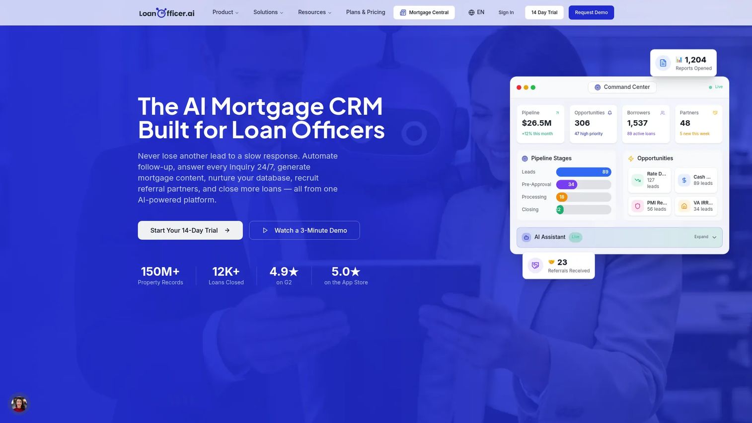 LoanOfficer.ai dashboard showing AI-assisted mortgage lead follow-up