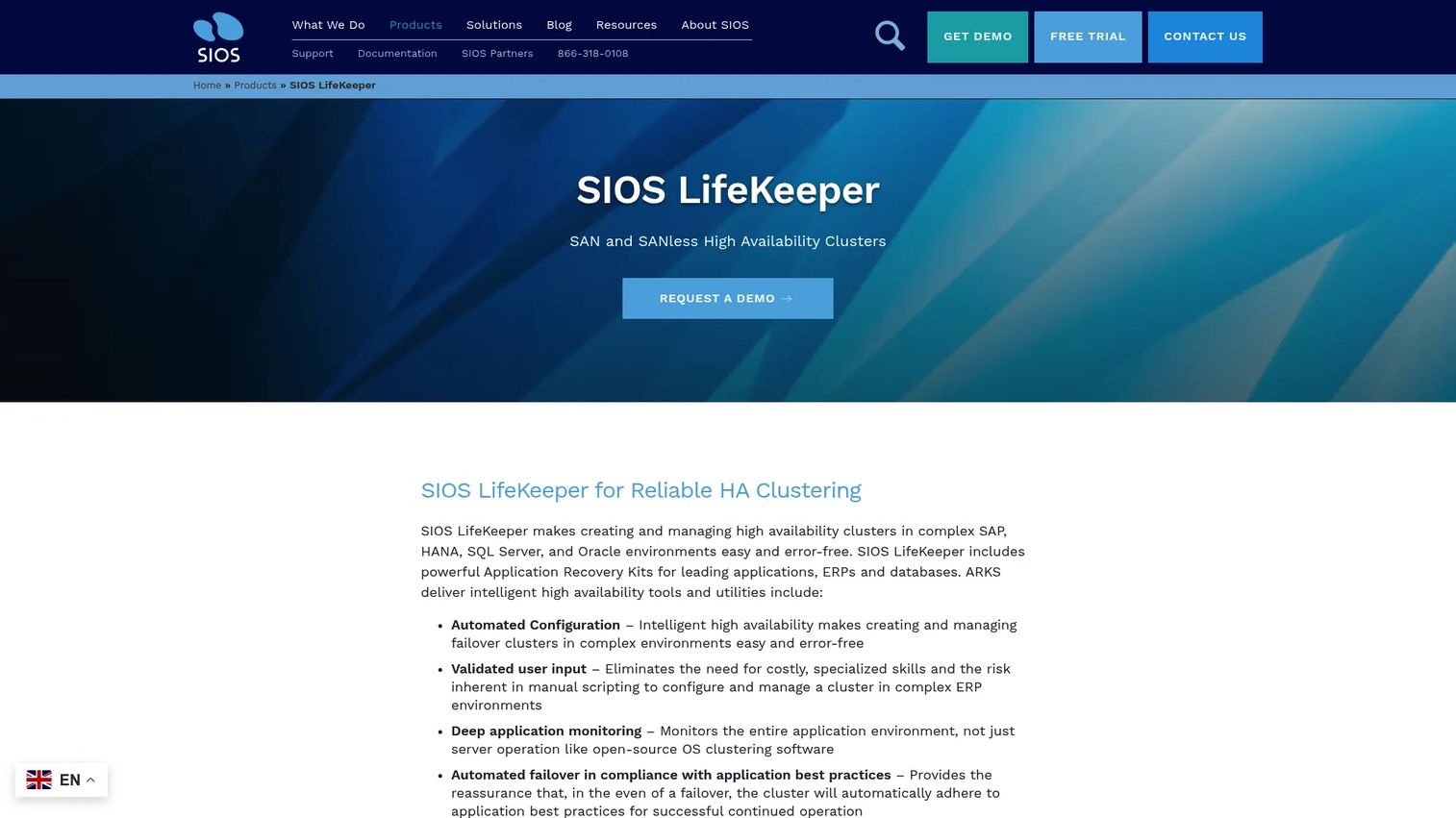 SIOS LifeKeeper product page showing application high availability clustering and failover features