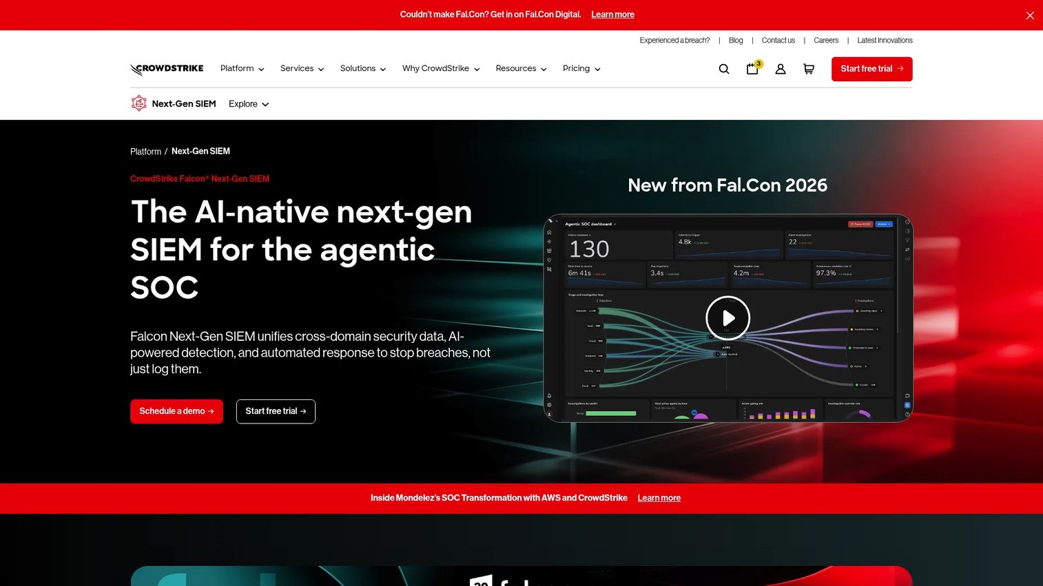 CrowdStrike Falcon Next-Gen SIEM platform showing AI-assisted threat investigation and detection
