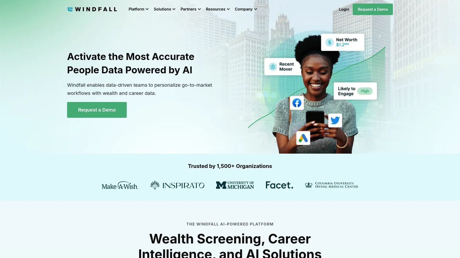 Windfall wealth-screening dashboard for nonprofit donor intelligence