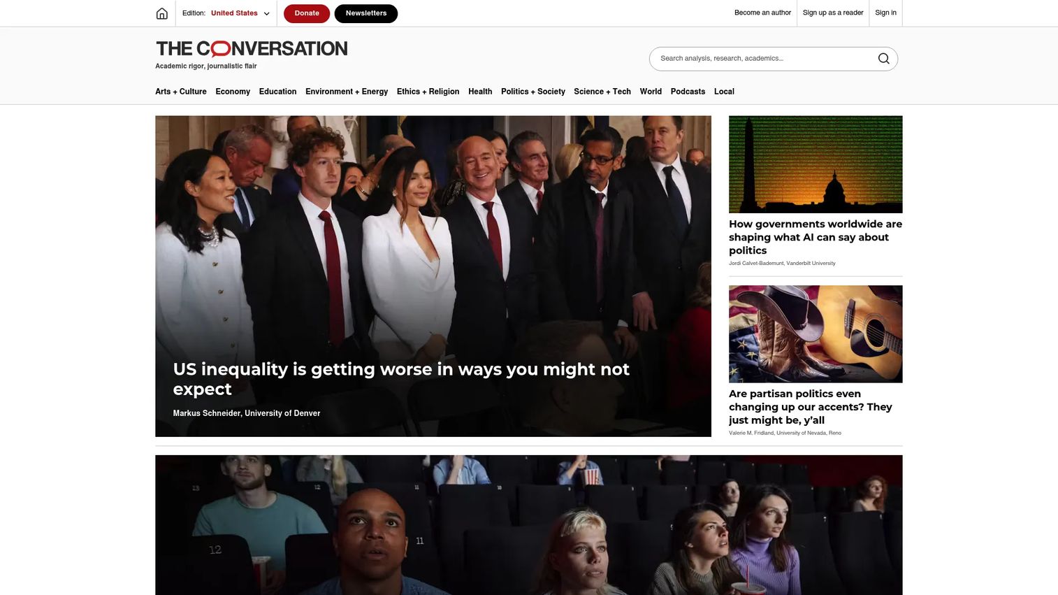 The Conversation homepage showing academic expert journalism and research-backed analysis