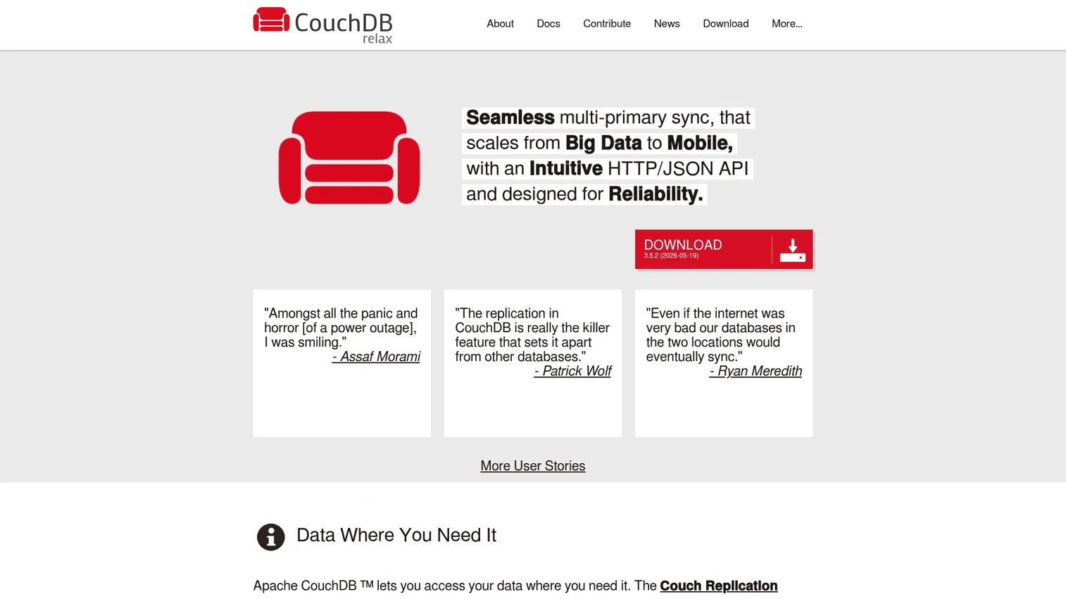 Apache CouchDB Fauxton interface showing document database administration